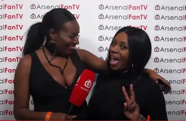 News Reporter Pippa with Robbie Lyle's wife on the occasion of Arsenal TV's fifth-year anniversary (Source: Youtube)