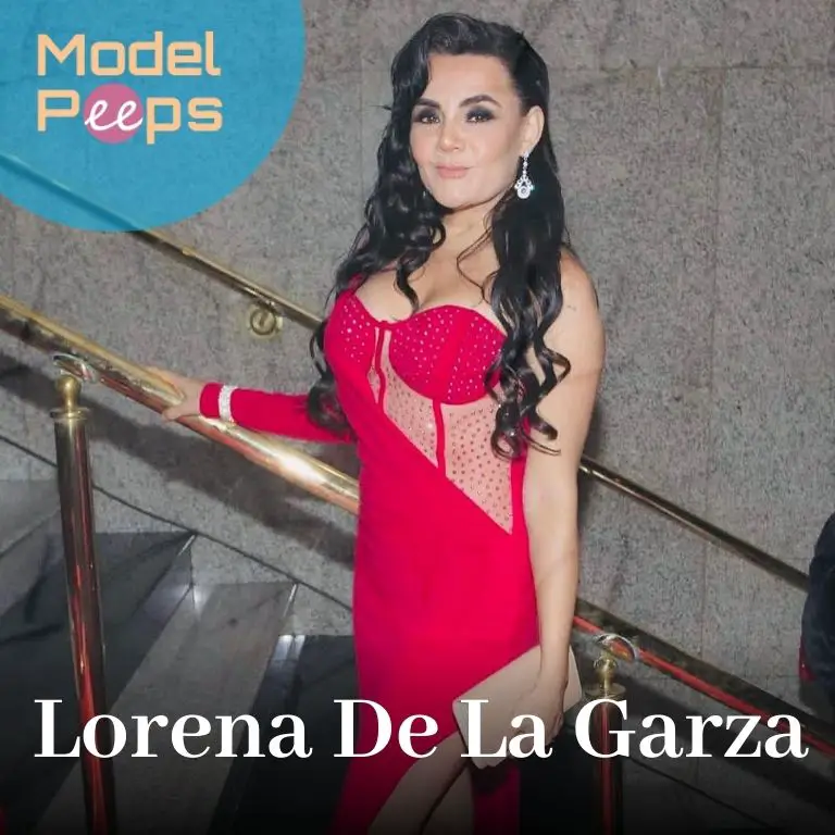 Lorena De La Garza on red dress standing side of stairs