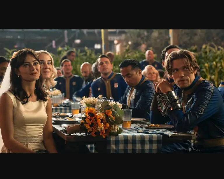 Ella Purnell and Cameron Cowperthwaite during their characters' wedding in Fallout